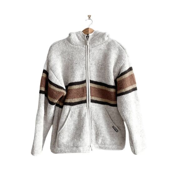 RARE Laundromat Men Full Zip Wool Knit Hooded Jacket Off-White Brown Size Medium - Picture 1 of 7